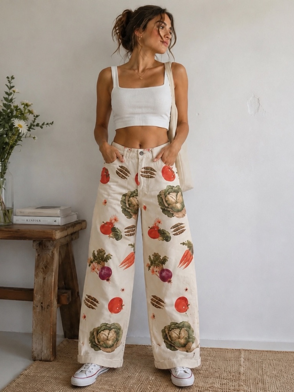 Zara Cream Wide-Leg Pants with Vegetable Print
